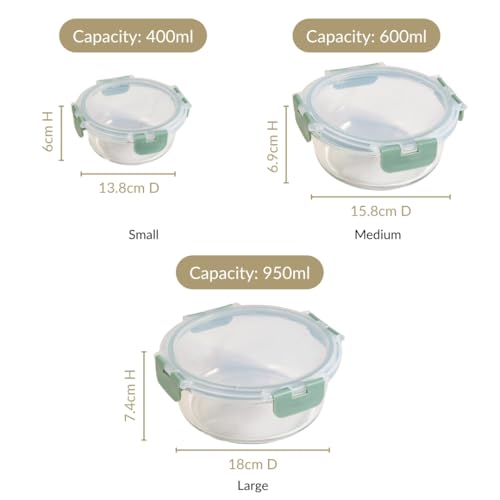 Image of Nestasia Nestro Airtight Glass Containers with Lid Set of 3 (400ml, 600ml, 950ml) | Spill Proof Round Glass Containers with Break Free Lock - Microwave, Dishwasher & Freezer Safe (Green)