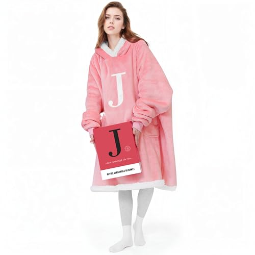 Wearable Blanket Hoodie with Letter A-Z - Oversized Sweatshirt Blanket Hooded Monogrammed Personalized Gifts for Women Girlfriend Sister, Pink, Initial J