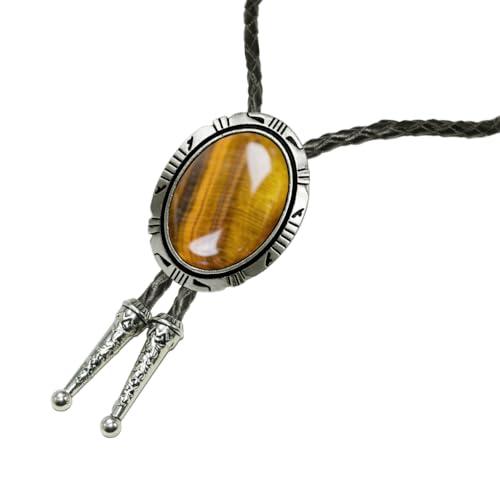 Image of Moranse Bolo Tie with Natural Tiger Eye Stone Celtic Style Genuine and Cowhide Rope
