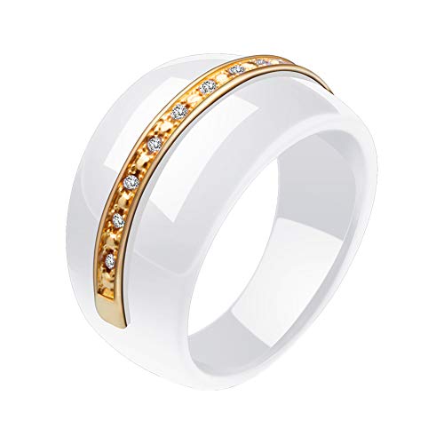 PAURO Classique Large avec Motif de Fiançailles Bague de Mariage Femme Céramique en Zircone Blanche et Or Taille 54