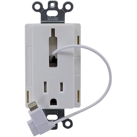 DATA COMM Kinéa Jolt in- Wall Outlet Receptacle with Retractable Lightning Connector - Includes 2 ft Charging Cable, 15 Amp/125 Volt, Patented Nesting Design, Easy Installation & Fast Charging, White Cover