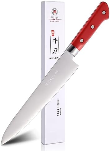 Sumteene Japanese Chef Knife 9.5 inches,Professional Japanese Gyuto Knife with High Carbon Stainless Steel Blade with Red Ergonomic Handle for Household or Work