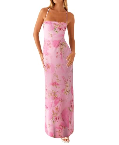 Image of FeMereina Women Summer Floral Bodycon Maxi Dress Halter Neck Sleeveless Backless Long Dresses Y2k Cocktail Party Sundress (Pink, S)