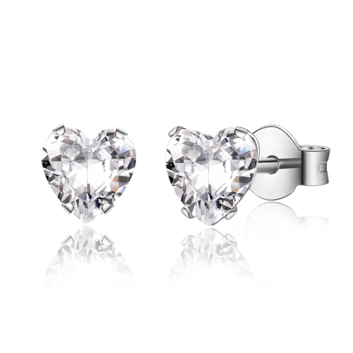 Image of CERSLIMO Silver Earrings for Women Girls - 5mm Cubic Ziirconia Stud Earrings, Titanium Steel Hypoallergenic Earrings | Small Silver Heart Stud Earrings Cartilage Tragus Sleeper Earrings, White