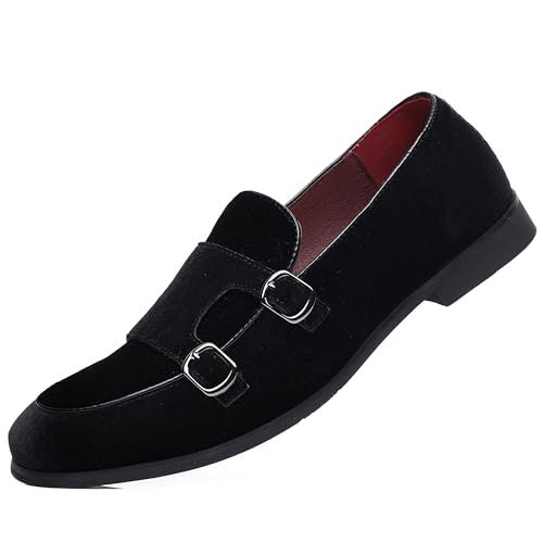 COSIDRAM Mens Dress Shoes Velvet Loafers Double Monk Strap Vintage Fashion Slip-on Suede Loafers Black 11