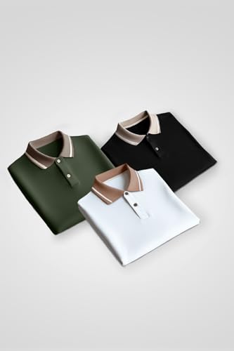 Image of Veirdo Pure Cotton Half Sleeves Regular Fit Plain Solid Classic Polo Colored Collar T-Shirt for Men (Colors: Olive, Black & White)