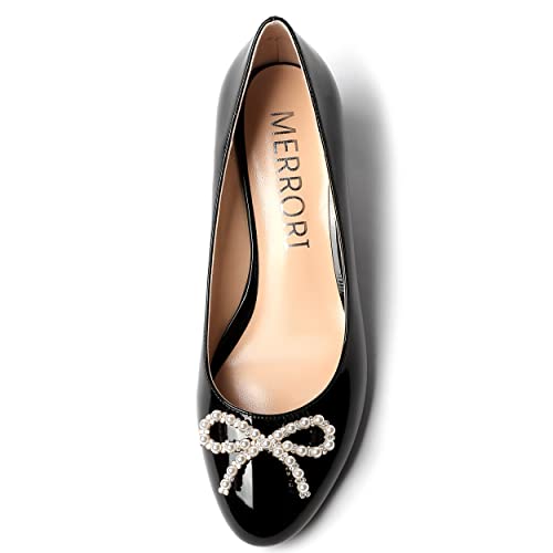 MERRORI Women's Pumps Wedge Low Heels Pumps Patent Slip On Rhinestones Bow Round Toe Shoes 2 Inch3