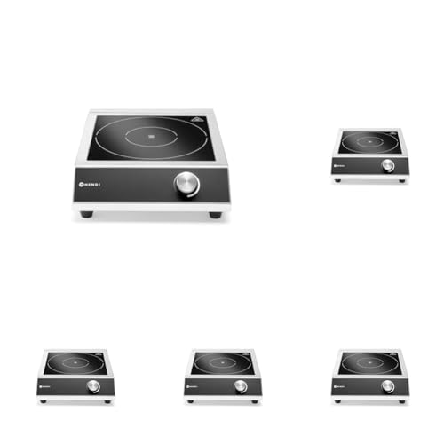 HENDI Induktionskocher, Modell 3500 M, Kochfeld, stufenlos verstellbarer Drehknopf, für Pfannen mit Bodendurchmesser ø120 bis ø260mm, 230V, 3500W, Silber, 327x425x(H)100mm, Edelstahl (Packung mit 5)