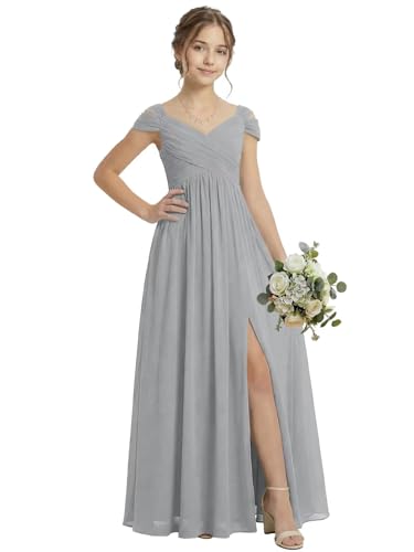 ZCOEXSO Chiffon Flower Girl Dresses for Wedding Silver Sleeveless Jr Bridesmaid Dresses for Girls Princess Pageant Gowns Size 7