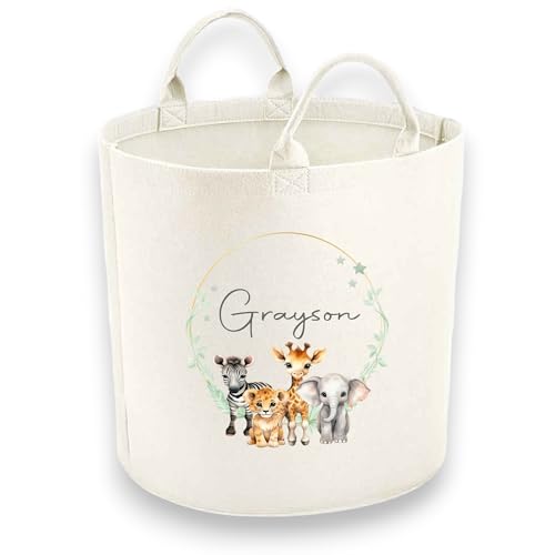 Image of Personalised Child Felt Toy Tub with A Jungle Safari Wreath Print (Various Sizes) (Small (30x30cm))