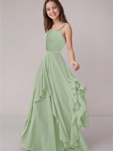 Girl Halter Junior Bridesmaid Dresses Chiffon A-Lin Pleated Maxi Dress Cascading Ruffles Wedding Party Pageant Gowns4