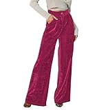 FAIABLE Velvet Pants for Women High Waisted Wide Leg Palazzo Pants Causal Outfits Long Flowy Trousers with Pockets Rose Red