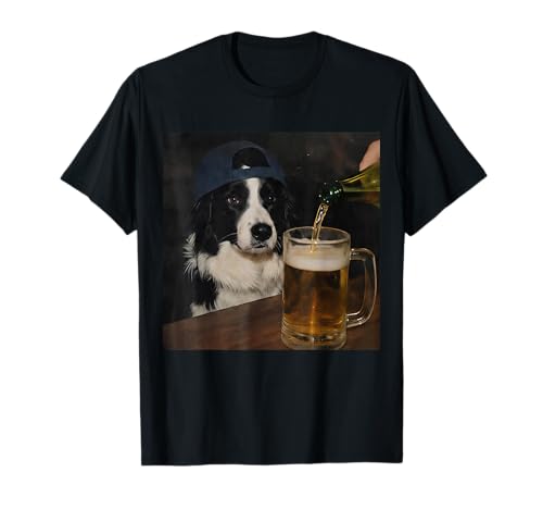 Vintage Cool Border Collie Drinking Beer Dog Dad Dog Lover T-Shirt