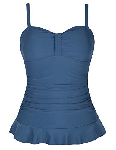 Image of Hilor Women's 50's Retro Ruched Tankini Swimsuit Top with Ruffle Hem