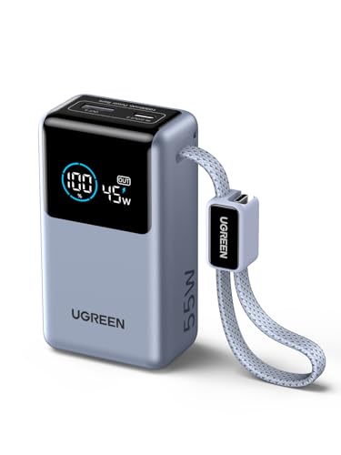 UGREEN Power Bank 10000mAh 55W con Cable HyperCharge Integrado para Xiaomi, Batería Externa de Carga Rápida PD 45W Compatible con iPhone 17/16/15, Galaxy S25 Ultra y Más