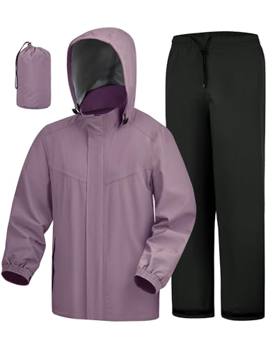 Icreek Rain Suit Waterproof Hooded Rain Gear Breathable Lightweight Packable Rain Jacket Pants Men Women For Hiking Fish Golf (Light Purple, L)