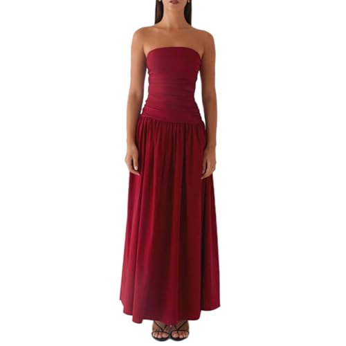 Image of Women Tube Top Maxi Dress Summer Strapless Backless Bodycon Long Bandeau Dress Elegant Off Shoulder A Line Dresses
