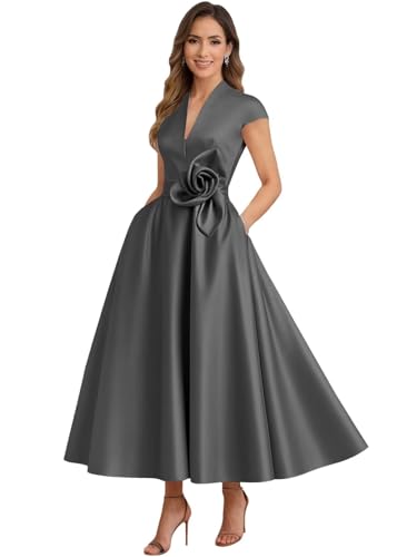 Tea Length Satin Mother of The Bride Dresses for Women A Line V Neck Cap Sleeve Formal Evening Party Gowns