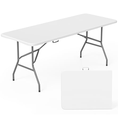Image of FDW 6 FT Folding Table, Portable Plastic Table with Carrying Handle Perfect for Indoor, Outdoor, Party, Dining, Wedding, Events, Camping, White