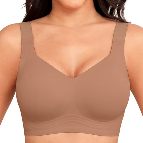 Xcutting Soft Sleep Wirefree Jelly Bras for Women Full Coverage No Underwire Wireless Bras Comfortable Sports Bras for Sagging Breasts Padded Plus Size Bra for Older Women (Brown,Large)