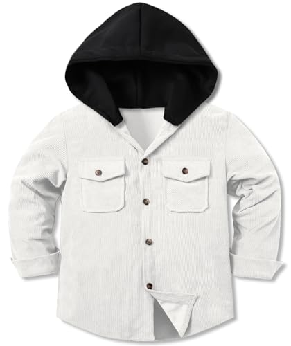 Cromoncent Boys Corduroy Jackets Casual Long Sleeve Button Down Hooded Shirt Jacket,Thick Corduroy White #2, 13-14 Years = Tag 185