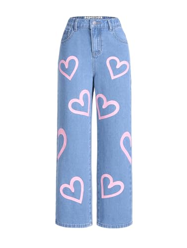 OYOANGLE Girl's Cute Heart Print Elastic Waist Straight Leg Jeans Trendy Denim Pants