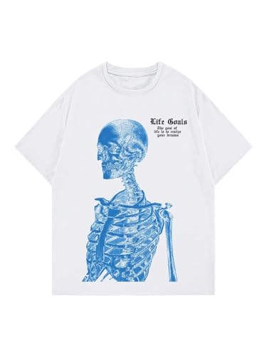 COZYEASE Men's Letter Graphic Tee Casual Short Sleeve Round Neck Summer Shirt Streetwear Top Pure White and Blue Large