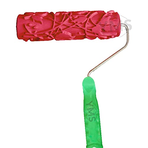 Image of YMS Rose Flower Pattern Rubber Roller with Handle, DIY Painting Tool Household Wall Art for Home Decoration (7 inch, Blue /Red)