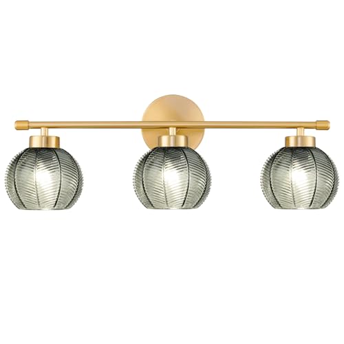 Image of Modern 3 Lights Wall Sconce Lighting, Vintage Bathroom Light Fixtures Gold Vanity Light, Farmhouse Green Glass Wall Lamp, Porch Wall Mount Light for Mirror Living Room Bedroom