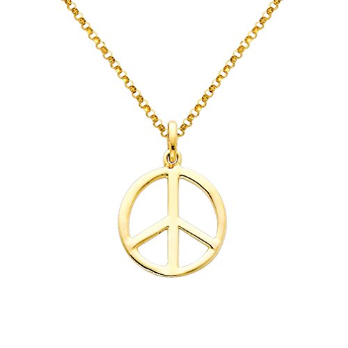 The World Jewelry Center 14k Real Yellow Gold Peace Sign Pendant with 1.2mm Cable Chain Necklace