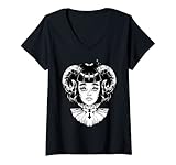 Photo Gallery donna horned devil satanic halloween glitch goth emo punk costume maglietta con collo a v Photo Gallery donna horned devil satanic halloween glitch goth emo punk costume maglietta con collo a v