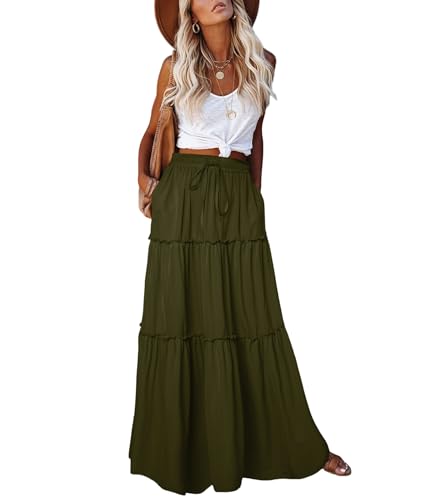 Punude Falda de verano 2024 para mujer, cintura alta, acampanada, estilo bohemio, con bolsillos, Verde(Military Green), M