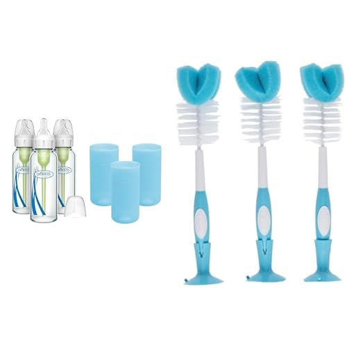 Dr. Brown's Anti-Colic Options+ Narrow Glass Baby Bottles 8oz and Level 1 Slow Flow Nipple, 3-Pack 0m+ and Blue Silicone Sleeves and Bottle Cleaning Sponge Brush Suction Cup Stand, Blue, 3 Pack