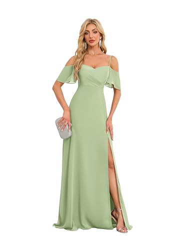 Image of A Line Chiffon Bridesmaid Dress for Woman 2025 Dusty Sage Long Pleated Mermaid Formal Evening Gown US10 HGR93
