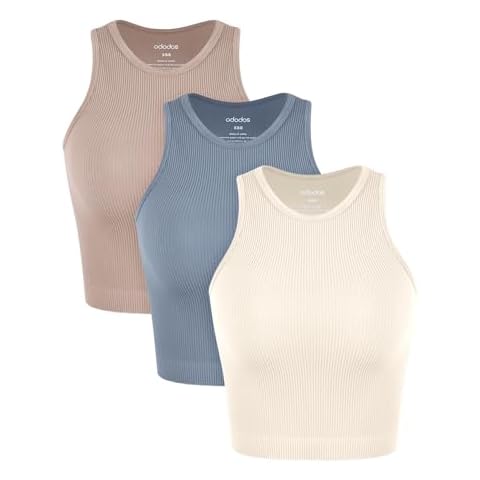 ODODOS 3-Pack Seamless Tank for Women Rib-Knit Soft Sleeveless High Neck Tank Tops, Waist Length, Ivory+Dusty Blue+Sphinx, Medium/Large Cover