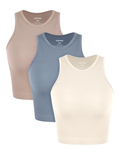 Image of ODODOS 3-Pack Seamless Crop Tank for Women Ribbed Soft High Neck Cropped Tops