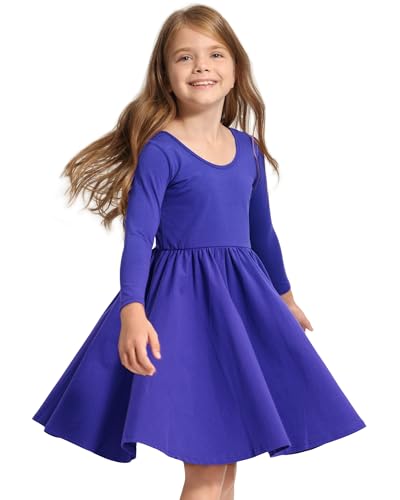 Image of Stelle Long Sleeve Girls Dress Toddler Dresses Skater Twirl Cotton A-Line Dress for School Casual | Criss Cross Back,Crew Neck,High Waist,Spinny Swing,Stretchable,Spring Fall Winter,Casual School Birthday Dance