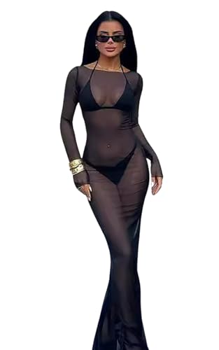 THSCWY Black Mesh Sheer Off Shoulder Dress for Women Sexy Maxi Long Sleeve See Through Swimwear Bikini Cover Up Club Outfits
