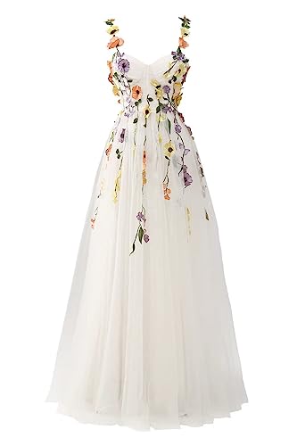 Beyonddress Damen 3D Blume Applique Abendkleider mit Stickerei Tüll Ballkleider Formelle Party Kleider(A-Weiß,42)