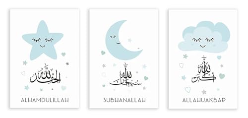 Tableau calligraphie arabe Bismillah affiche bleu enfant lune