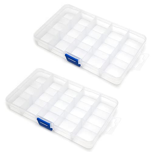 Image of Juvielich 2PCS Clear Plastic Organizer Box, 15 Grids Storage Container Jewelry Box with Adjustable Dividers, for Beads Art DIY Crafts Jewelry Fishing Tackles 6.69 inchx3.94 inchx0.91 inch(LxWxH)