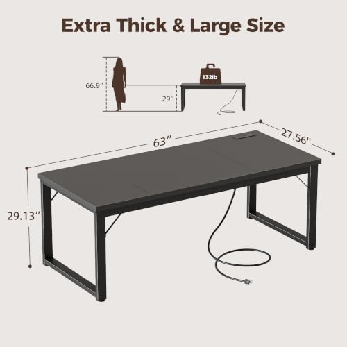 Image of 63x28 Inch Computer Desk w /Power Outlets, 1.2 inch Thick Office Table | Modern Simple Style, Heavy Duty Industrial Frame, Large Study & Writing Table for Home Bedroom Work, Black