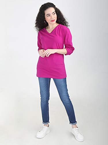 Image of FLEXIMAA Women's Cotton Plain V Neck Full Sleeve T-Shirt