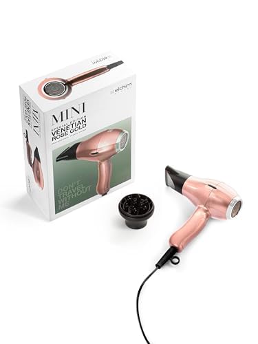 Elchim Mini Venetian Rose Gold - Asciugacapelli da viaggio, voltaggio universale, ultraleggero, piccolo e pieghevole; Dotato di un mini concentratore d’aria; mini diffusore incluso nella confezione