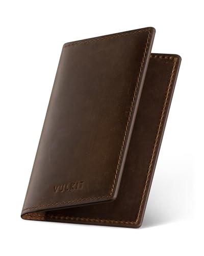 Image of VULKIT Genuine Leather Business Card Holder 2 Sided Slim Business Name Card Organizer for Men or Women, up to Hold 20 cards (Genuine Dark Brown)