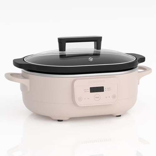 Image of MAGNIFIQUE 6 Quart Programmable Slow Cooker Removable Healthy Nonstick Pot - Small Kitchen Appliance for Family Dinners - Serves 6+ People - Heat Settings: Keep Warm Pink