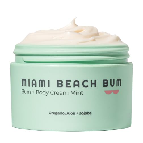 Miami Beach Bum + Body Butter Cream, Daily Moisturizer w/Oregano Oil for Body Acne, Keratosis Pilaris, Razor Burn, Ingrown Hairs, After Sun Lotion w/Aloe, Jojoba & Tea Tree, Mint, 3.4oz…