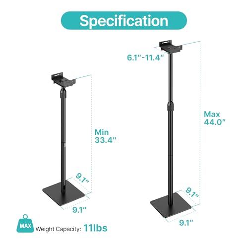 Pegzone Height-Adjustable Speaker Stands Pair,11LBS Capacity,Height Adjustable from 33.4" to 44.0",Surround Sound Speaker Stands,Cable Management,Black,1 Pair