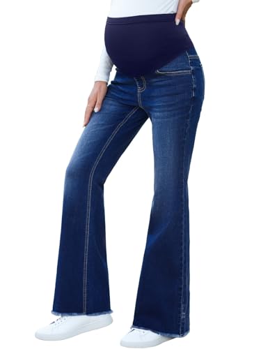 Image of BLENCOT Maternity Jeans for Women Over Belly Pregnancy Pants Comfy Pregnant Jeans Flare Denim Jeans with Pockets