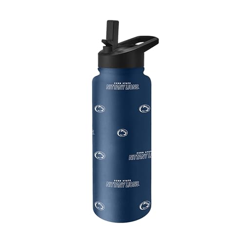 Image of Logo Brands NCAA Penn State Nittany Lions Step & Repeat 34 oz Stainless Steel Quencher Bottle - All Over Logo Design, No-Spill Lid, Easy Carry Handle - Keeps Drinks Cold For Hours